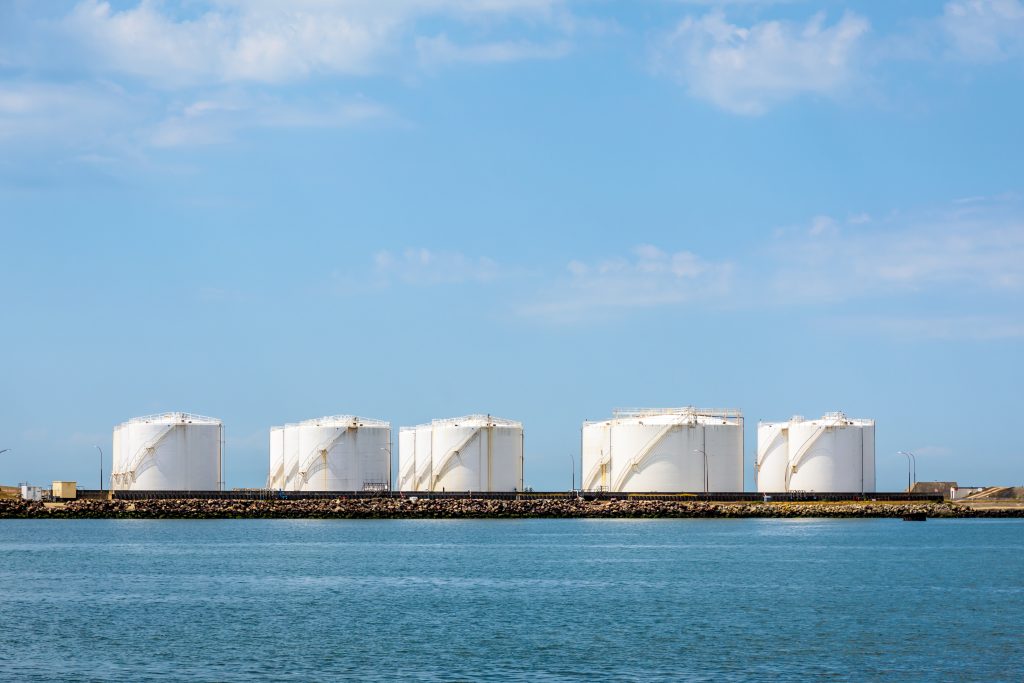 Storage tanks in a marine oil terminal.